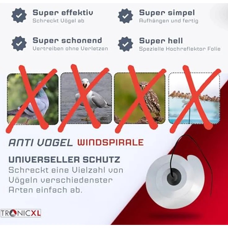 TronicXL 3X Windspirale Vogelabwehr, reflektierend, Vogelschreck für Balkon und Garten, hängend – Bild 3
