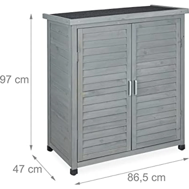 Relaxdays Gartenschrank, 3 Fächer, Flachdach mit Neigung, Doppeltür, HBT: 97 x 86,5 x 47 cm, Werkzeugschrank, Holz, grau, 80% – Bild 4
