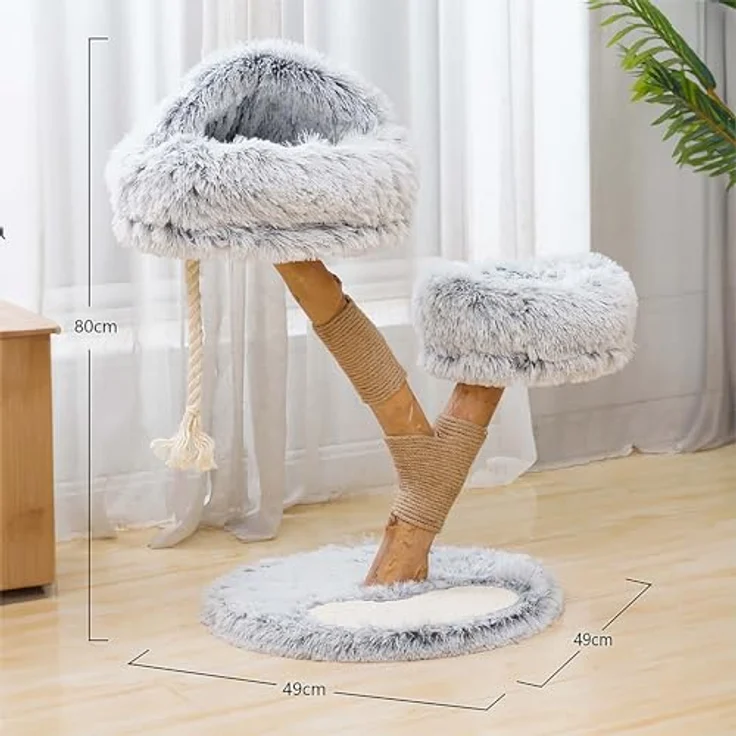 Fudajo Kratzbaum Zweigdesign mit Katzenhöhle 80 cm, Designer Katzenkratzbaum mit Plüsch und Birnbaumholz, Katzenbaum aus Holz mit Kratzmatte, Naturfarben – Bild 5