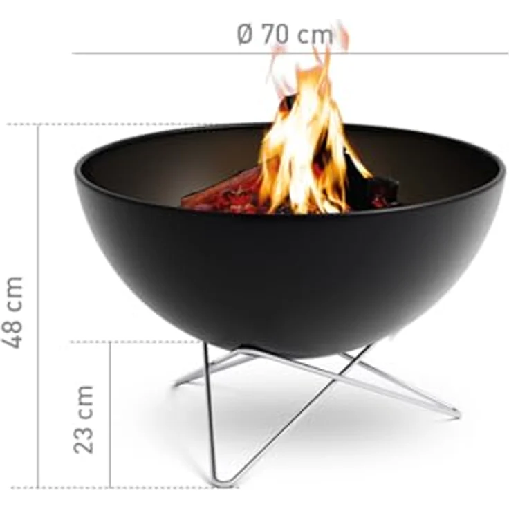 höfats Bowl 70 Feuerschale mit Edelstahl Sternfuß - raucharme Verbrennung - Feuerstelle mit Plancha Grillplatte und Grillrost nutzbar - kippbarer Feuerkorb Stahl emailliert, schwarz, Ø 70 cm – Bild 2