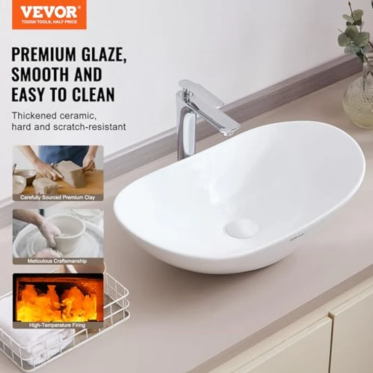VEVOR Ovales Aufsatzwaschbecken, 592 x 361 x 158 mm, modernes Keramikwaschbecken in hellem Weiß mit effizientem Abfluss und tiefem Spritzschutz für Badezimmer, Hotels und Restaurants – Bild 2