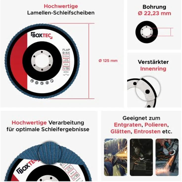 BOXTEC Profi-Fächerscheiben BLAU 125mm INOX, Lamellenscheiben für Winkelschleifer, P60, 10er Pack – Bild 3
