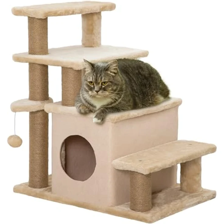 PawHut Haustiertreppe, 3/4-stufige höhenverstellbare Katzentreppe mit Schlafhöhle 2 in 1 praktische Hunderampe für kleine Hunde und Katzen Einstieghilfe für hohe Betten Sofa Beige 60 x 40 x 66 cm – Bild 1