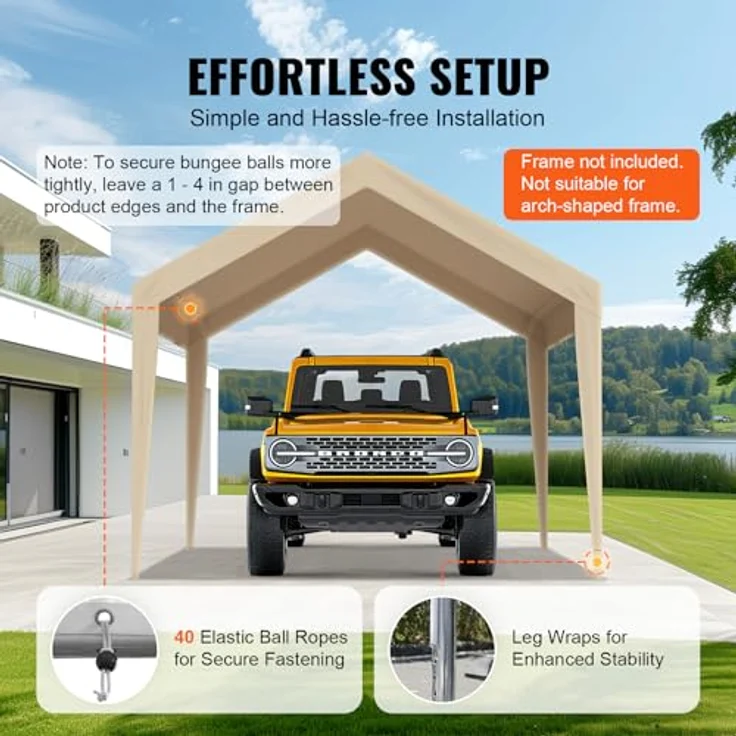 VEVOR Carport-Garagenzelt 3 x 6 m, wasserdichtes und UV-geschütztes Garagendachzelt in beige, einfache Installation mit Spanngurten (nur Dachabdeckung, Rahmen nicht im Lieferumfang enthalten) – Bild 5