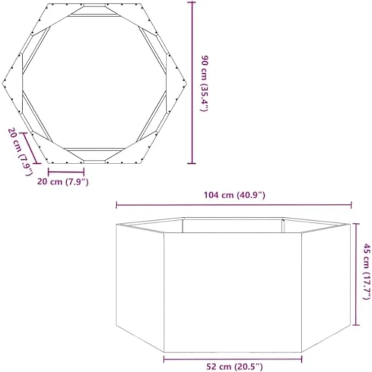 vidaXL Pflanzkübel Sechseckig 104x90x45 Verzinkter Stahl, Robustes Hochbeet mit viel Platz und erhöhtem Design, Farbe: Silber – Bild 3