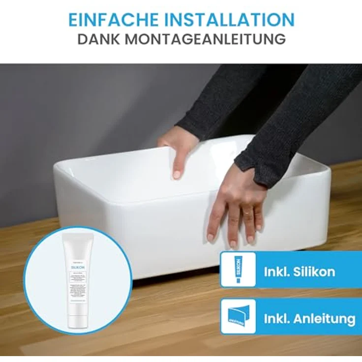 Bächlein Aufsatzwaschbecken Endina, eckig aus Sanitärkeramik, strahlend weiß, mit Silikontube – Bild 3