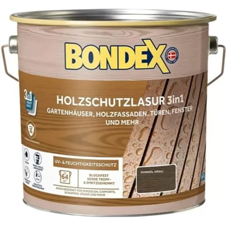 Bondex Holzschutzlasur 3in1, 4 L dunkelgrau, wasserbasierte Lasur für optimalen Außenschutz