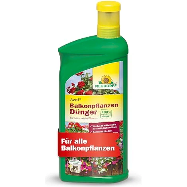 Neudorff Azet BalkonpflanzenDünger 1L, 100 % organischer und veganer Flüssigdünger für üppige Balkonkästen und Kübel, mit praktischem Dosierbecher – Bild 1