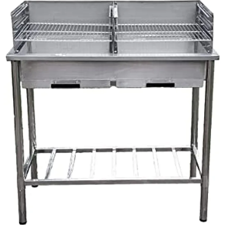 Grilltisch aus Edelstahl, Outdoorküche, Holzkohhlegrill mit zwei Grillflächen
