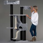 RHRQUALITY Kratzbaum Kilimandjaro de Luxe für Große Katze mit Ø 12cm Sisalstamme - Große Liegefläche & Hängematte für Katzen - Blackline Hellgrau