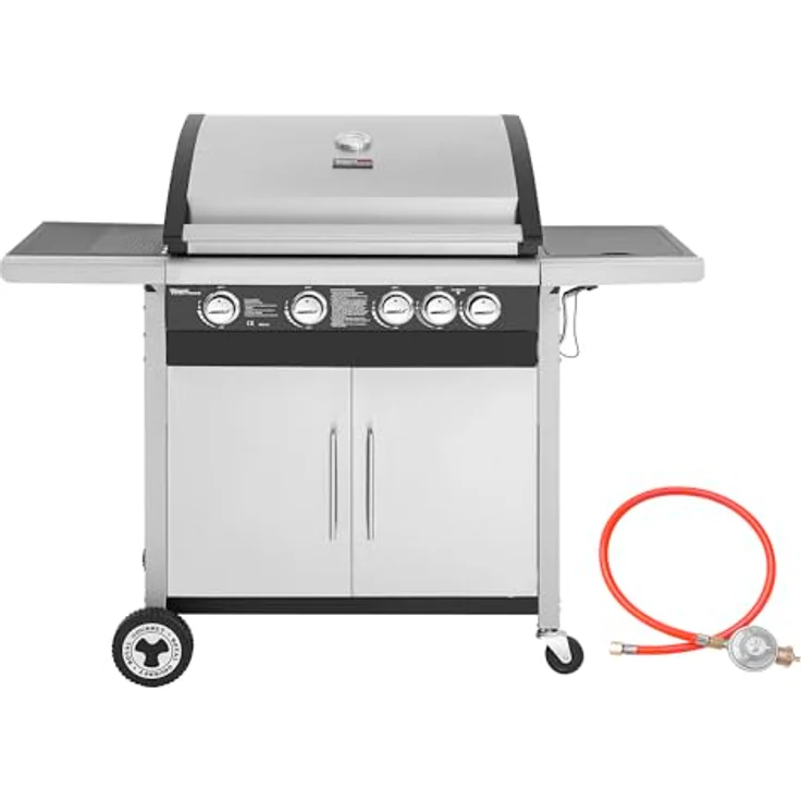 Royal Gourmet 4+1 Brenner Gasgrill Grillwagen mit Unterschrank, Edelstahlbrenner mit 14,5 kW und automatischer Zündung Campinggrill mit Seitenbrenner Silber - Vielseitiger Grill mit großem Kochraum und effizienter Wärmeübertragung – Bild 1