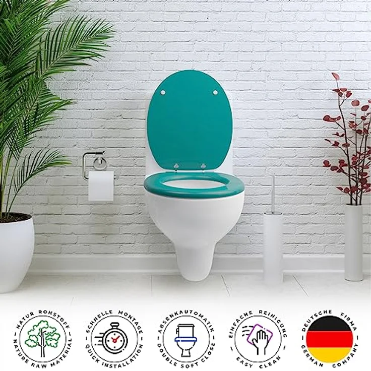 Sanfino WC Sitz Mars Green, Toilettendeckel aus Holz mit Absenkautomatik und verchromten Metallscharnieren, 43,5 x 37,5 cm – Bild 4