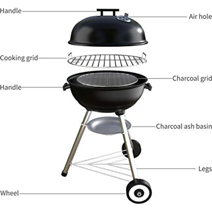 SunJas Holzkohlegrill, tragbar, rund, Deckel, Doppelräder, Schwarz - Preisvergleich – Bild 2