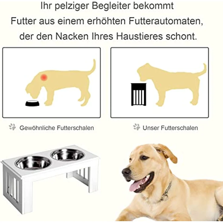 PawHut Erhöhter Hundenapf, Futternapf, Edelstahlnäpfen, Haustier Fressnapf, MDF, Weiß, 58,4 x 30,5 x 25,4 cm – Bild 4