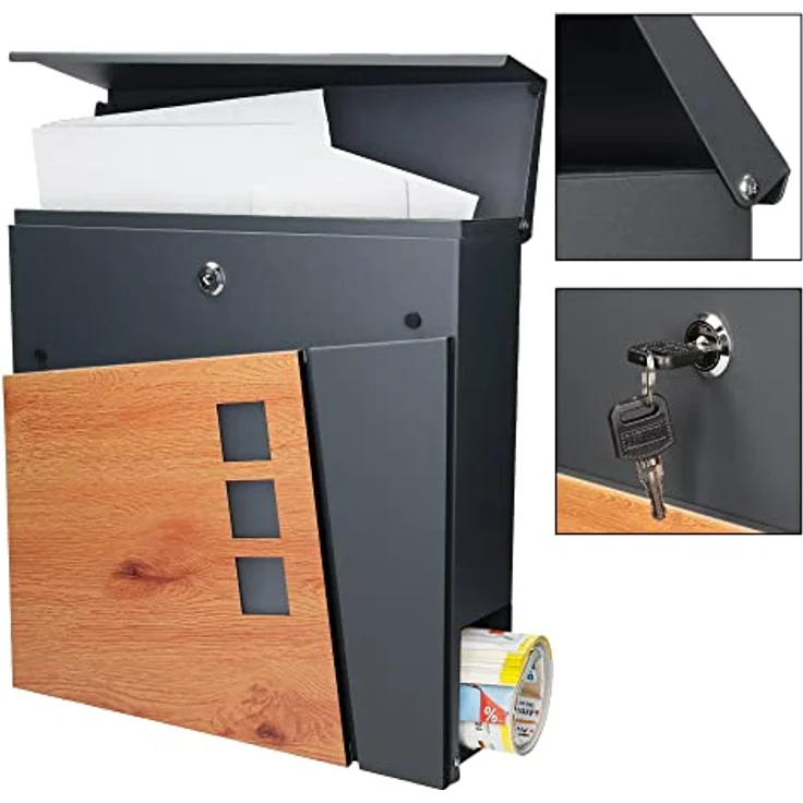 ECD Germany Standbriefkasten mit Zeitungsfach, Design Briefkasten mit Pfosten, Briefkastenanlage Briefkastenständer Anthrazit 120cm Edelstahl, Postkasten Anthrazit-Holzoptik Edelstahl pulverbechichtet – Bild 4