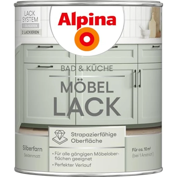 Alpina Bad & Küche Möbel-Lack Silberfarn, seidenmatt, hochdeckend, feuchtraumgeeignet, 0,75L für Holz & MDF – Bild 1