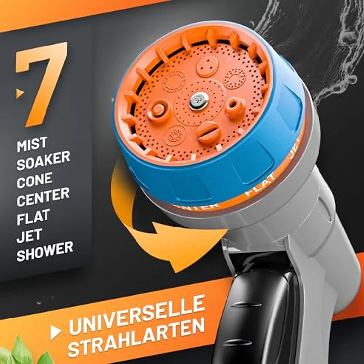 GRÜNTEK Garten-Handbrause, 7-Funktionen Multifunktions-Bewässerungspistole, ergonomischer Griff, stufenlos regulierbare Wassermenge, 150 g leicht – Bild 2