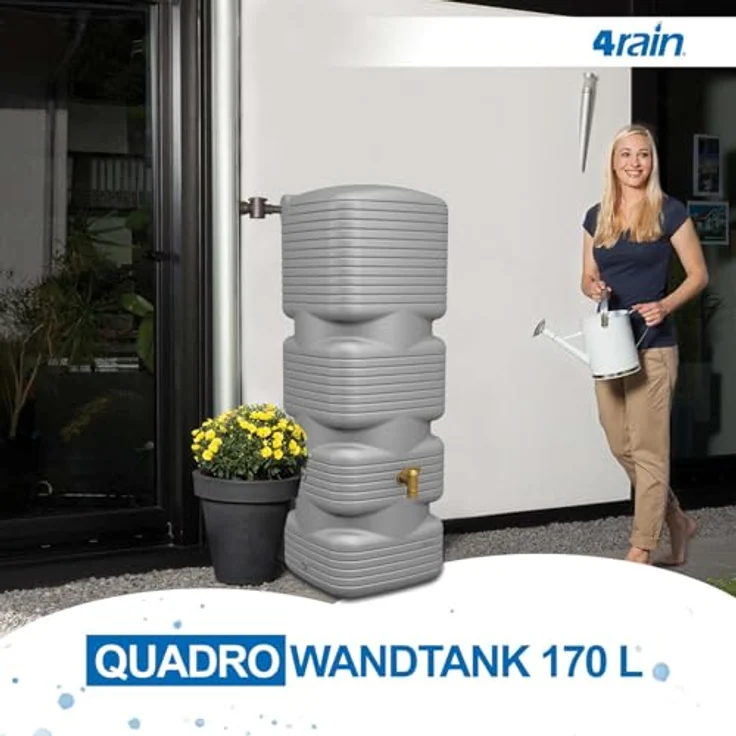 4rain Quadro Regentonne 170 Liter betongrau - Wandtank, Wasserbehälter mit flexiblen Wasseranschlüssen und nachhaltiger Herstellung – Bild 2