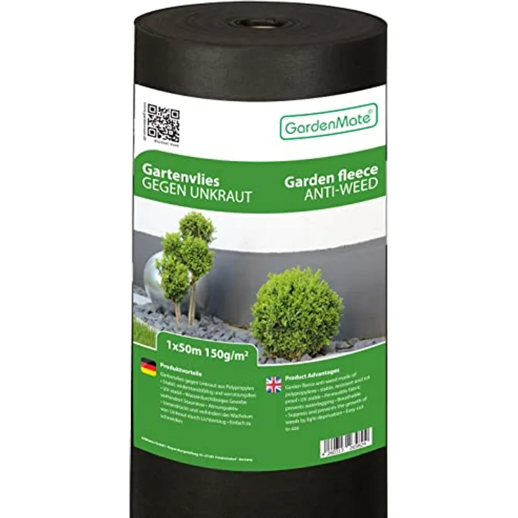 GardenMate Vlies-Unkrautvlies 1 m x 50 m, UV-stabilisierte schwarze 150 g/m² Landschafts-Bodendecker-Membran
