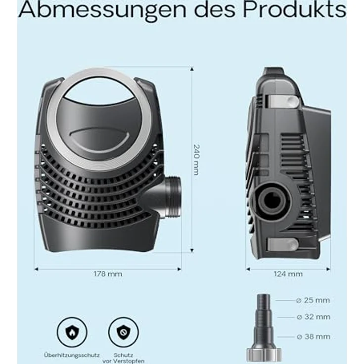 SunSun NEO-6000 SuperECO Teichpumpe, 6000 l/h, 40 W, Filter- und Bachlaufpumpe mit Skimmeranschluss – Bild 4