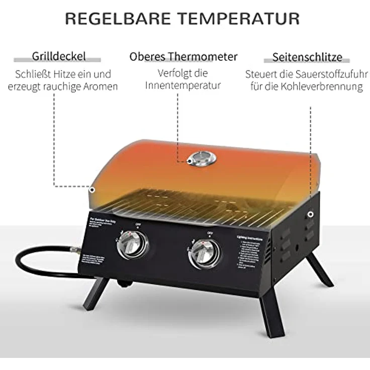 Outsunny Tischgrill Gasgrill BBQ mit 2 Brennern mobiler Grillwagen Grillnetz klein Outdoor Tischgasgrill Picknick mit Druckminderer Schlauch Edelstahl Schwarz 55 x 46,5 x 41 cm - Preisvergleich – Bild 3