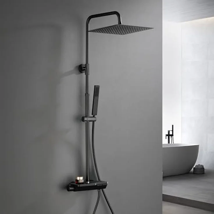 Görbach Regendusche Duschsystem mit Thermostat, XXL Kopfbrause 30x30 cm, Schwarz, rostfreier Edelstahl, intelligente Temperaturkontrolle – Bild 1