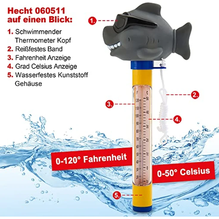 HECHT Poolthermometer mit Hai Motiv, schwimmendes Thermometer für Pool, Whirlpool und Teich, bruchfest, mit Befestigungsband, Celsius & Fahrenheit Skala – Bild 2