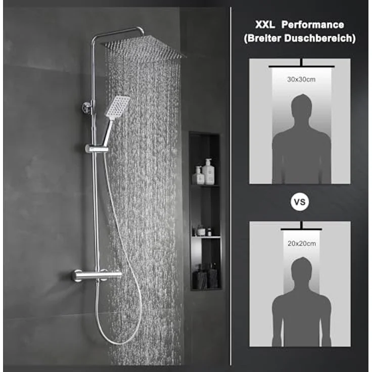 Görbach Regendusche Duschsystem mit Thermostat, 30x30 cm Kopfbrause aus Edelstahl, verstellbare Wandhalterung, Chrom – Bild 2