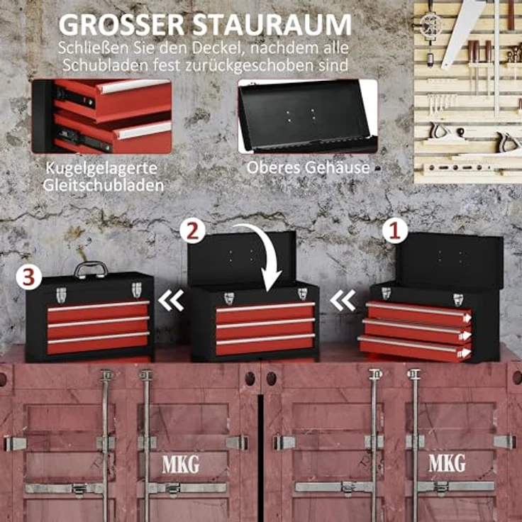 Durhand Werkzeugbox Werkzeugkoffer mit 3 Schubladen, abschließbar, schwarz-rot, aus robustem Stahl, 51x22x32 cm – Bild 4
