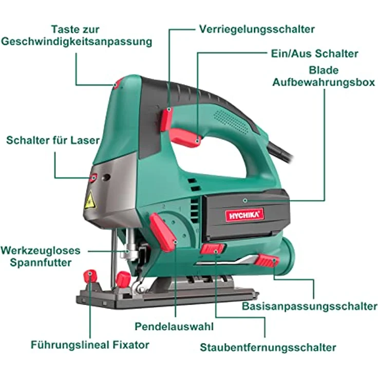 HYCHIKA BETTER TOOLS FOR BETTER LIFE Stichsäge, 800W Max Holz Schnitttiefe 110mm, 800-3000SPM HYCHIKA Elektrische Stichsäge mit Laser, 6 Blätter, Fasenschneiden: -45 °bis 45° – Bild 2