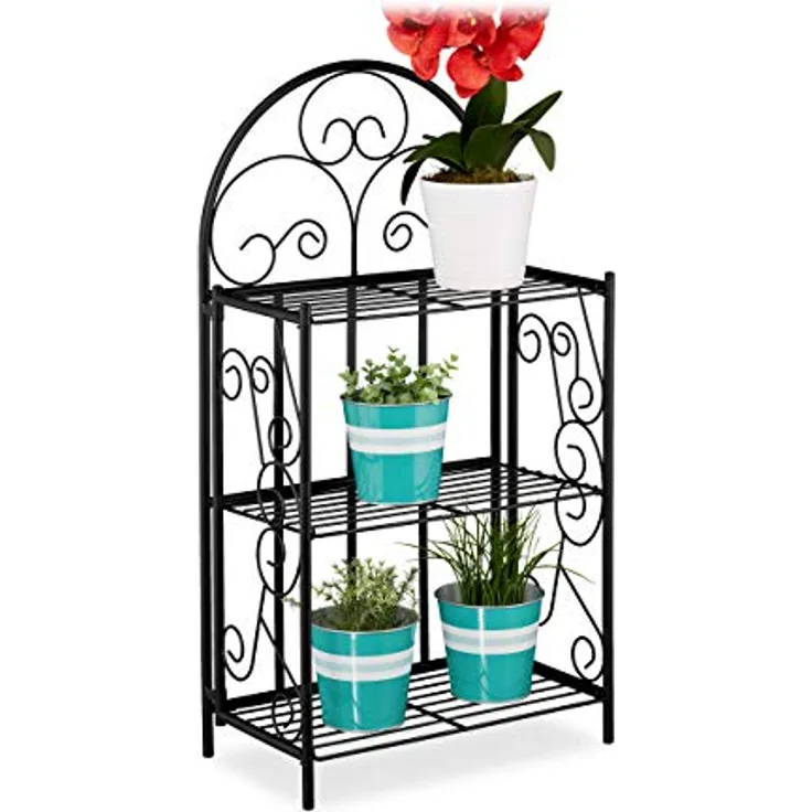 Relaxdays - Blumenregal, klappbar, 3 Ebenen, Balkon, Garten & Indoor, Metall, Pflanzenregal HBT 83 x 44,5 x 25 cm, schwarz
