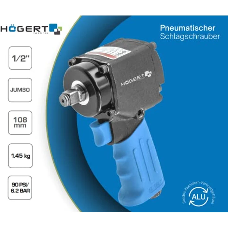 Högert Technik – Luftschlüssel ultra kurz 1/2" JUMBO-Laufwerk - Drehzahl 10 000 U/min - Betriebsdrehmoment bis 680 Nm - HT4R626, pneumatischer Schlagschrauber, vibrationsarm, nur 1,24 kg, Aluminium Verbundgehäuse – Bild 3