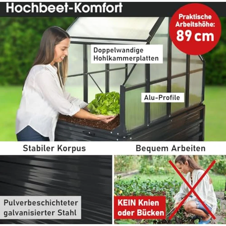 BRAST 2in1 Hochbeet mit Alu Gewächshaus-Aufsatz, wetterfestes Pflanzbeet mit integriertem Drainage-System, 2 Pflanzwannen, 120x80x167cm – Bild 3