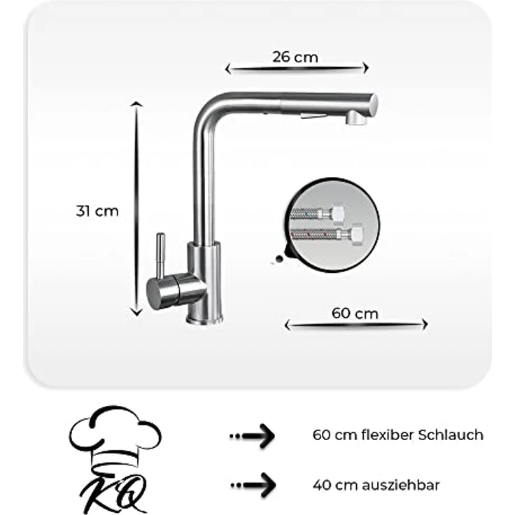 KitchenQuality Küchenarmatur 31 cm, Edelstahl gebürstet, ausziehbar & 360° schwenkbar, Brause mit Umschalter, einfache Montage – Bild 3