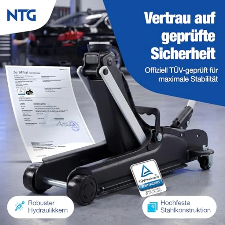 NTG Hydraulischer Wagenheber WGH.2513, 2,5T Traglast, Hubhöhe 85-375mm, TÜV-zertifiziert, flach für tiefe PKW – Bild 2