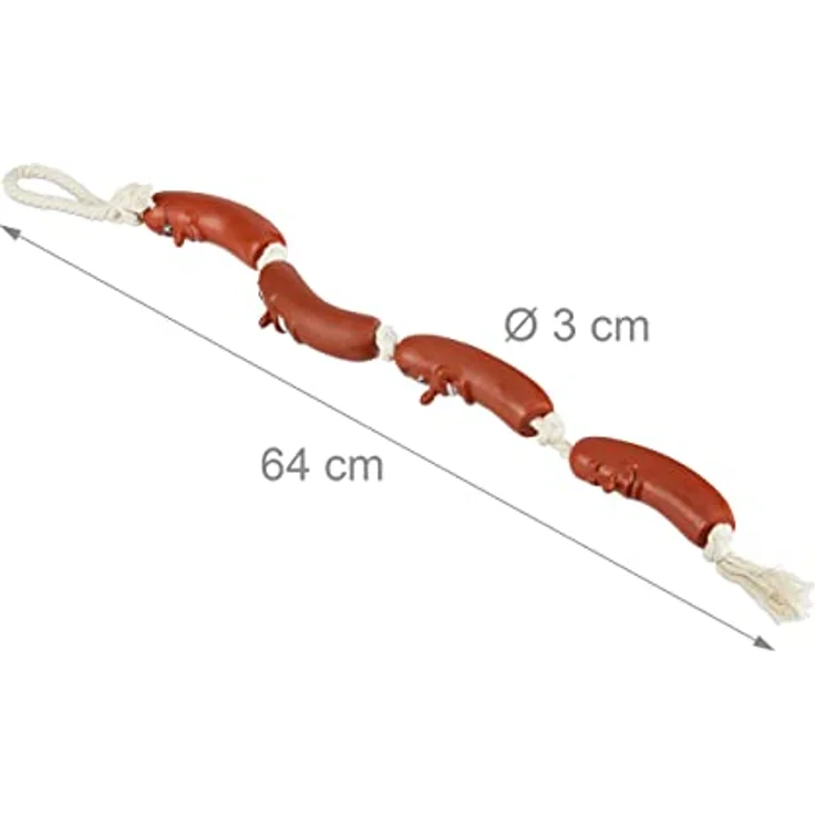 Relaxdays 4 x Hundespielzeug Wurst, kleine & mittlere Hunde, robust, ohne Quietscher, Kauspielzeug, 65 cm lang, rot-weiß – Bild 4