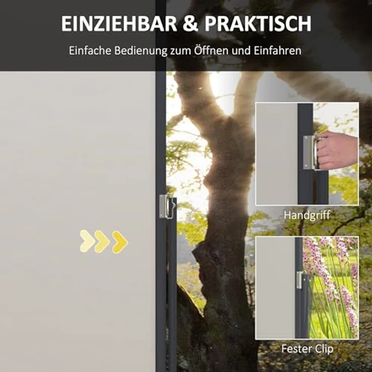 Outsunny Seitenmarkise Ausziehbar, 300 x 140cm Gartenmarkise, Sichtschutzwand mit UV-Schutz, Windschutz, Metall, für Terrasse, Balkon, Polyester, Hellgrau – Bild 4