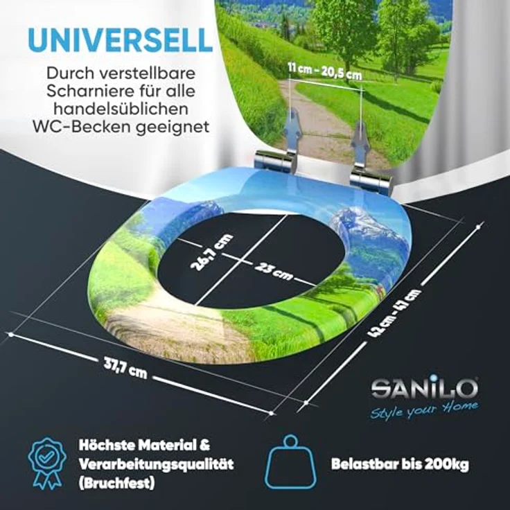 Sanilo WC Sitz Alpen, Hochwertiger Toilettendeckel aus Holz mit Absenkautomatik, antibakterieller Oberfläche – Bild 4