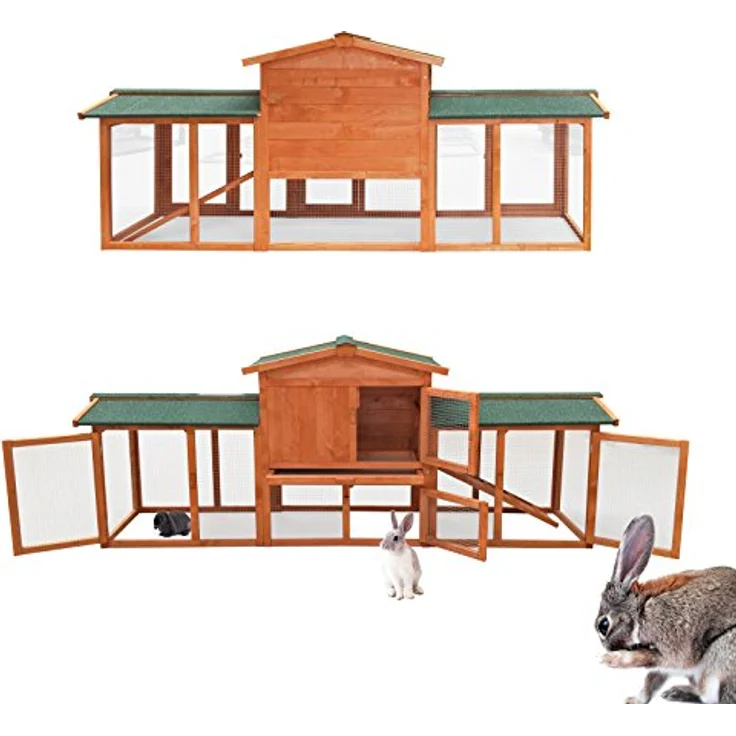 Wiltec Hasenstall 2190 x 530 x 850 mm mit Freilaufgehege und erhöhtem Unterschlupf aus Fichtenholz, Kaninchenkäfig mit 2 Etagen, Kleintierstall in Naturholzoptik – Bild 1