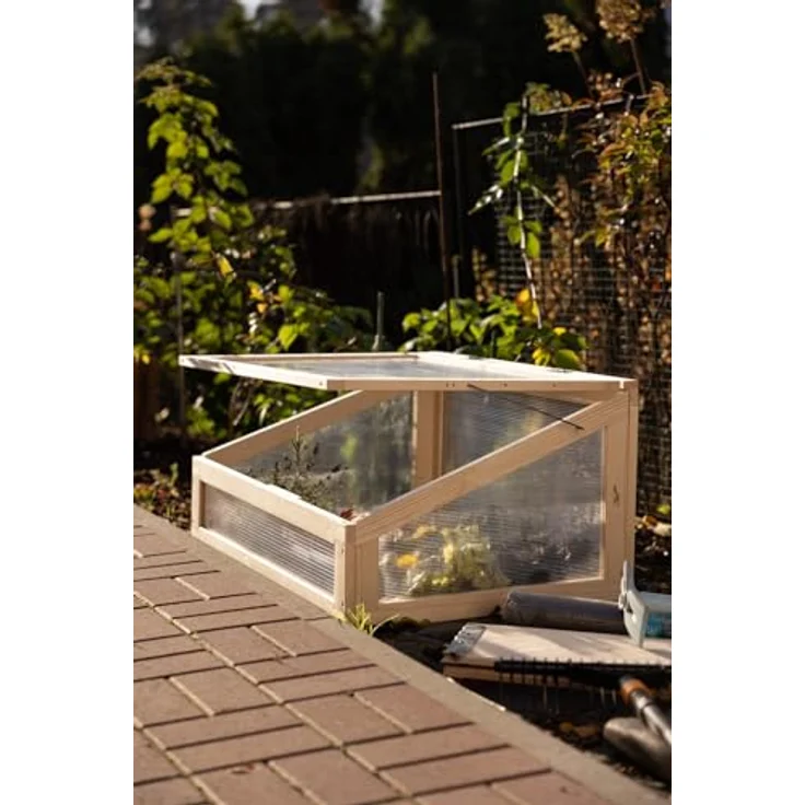 Upyard Holz Frühbeet - Gewächshaus für Hochbeet 80x60 cm mit verschließbarem Deckel, klein Treibhaus aus Massivholz und UV-geschützem Polycarbonat, Frühbeetaufsatz 80x60x40, Naturholz – Bild 5
