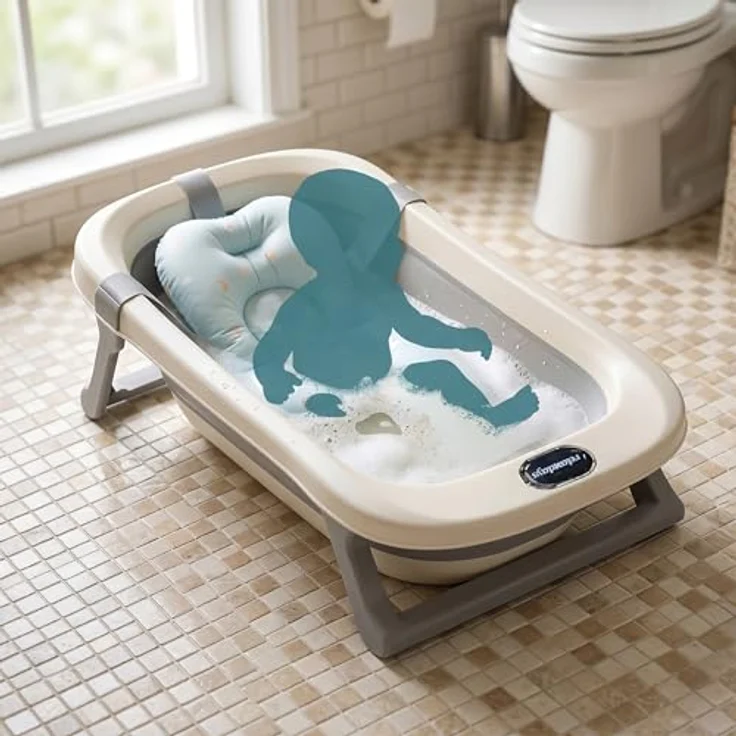Relaxdays Babybadewanne Klappbar, Kunststoff Cremeweiß Grau, Rutschfest mit Kissen, 20 cm x 78 cm x 50 cm – Bild 3