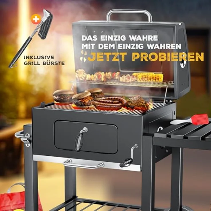 KESSER® Grill Grillwagen BBQ Smoker XL Holzkohlegrill mit Deckel, Rädern, Edelstahl-Griff, Grillrost und Thermometer, 8 Spieße mit Tasche & Silikon-Pinsel, Standgrill, Kohlegrillwagen – Bild 3