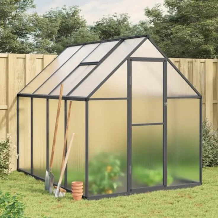 vidaXL Gewächshaus mit Fundamentrahmen Anthrazit 224x169x195 cm Alu, UV-beständiges Polycarbonat, Lüftungsfenster, Flügeltür – Bild 2