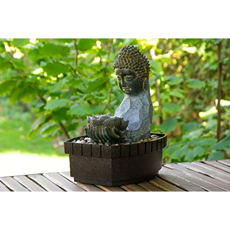 dobar® 96430e Design Zimmerbunnen Buddha mit LED Beleuchtung | Tischbrunnen Kunststein | Kleiner Springbrunnen | Dekorativer Zierbrunnen Wohnzimmer/Büro/Indoor | 20,5 x 16,5 x 27 cm | Grau – Bild 5