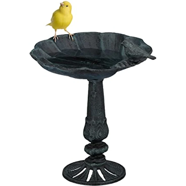 Relaxdays Vogeltränke, stehend, Vogelbad aus Gusseisen, winterfest, Wasserschale mit Ständer, Vogelbecken, schwarz-grün, 1 Stück – Bild 1