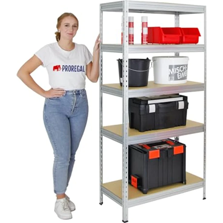 Proregal Schwerlastregal Rivet, 180 x 90 x 45 cm, 5 verstellbare Böden, Traglast 250 kg pro Boden, verzinkter Stahl – Bild 3