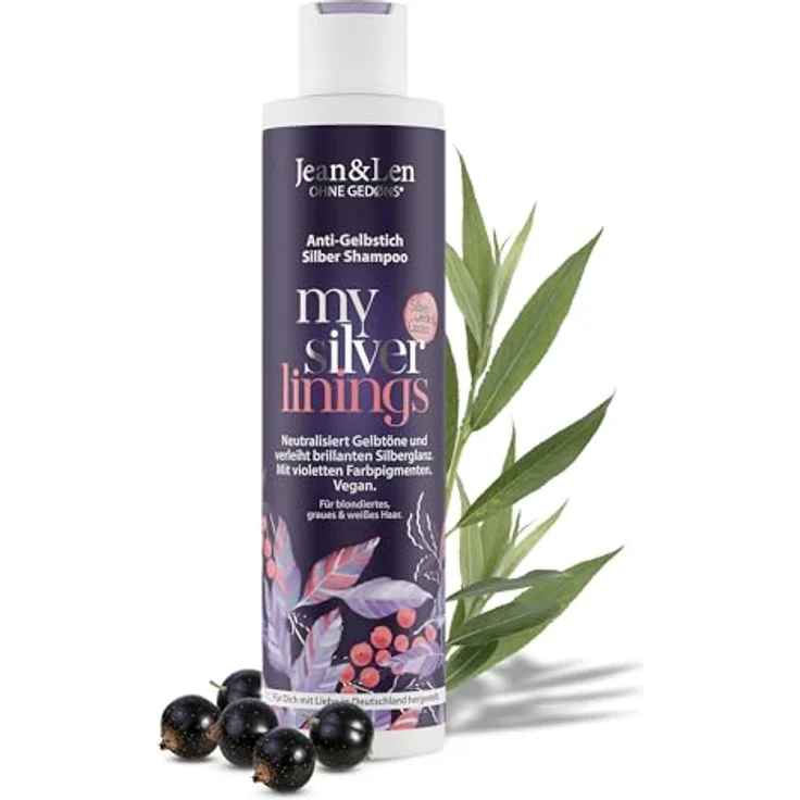 Jean & Len Silbershampoo Silberweide & Cassis, vegane Pflegeformel für graues, blondes, blondiertes & weißes Haar, mit violetten Pigmenten und Anti-Gelbstich-Effekt, 300 ml – Bild 1