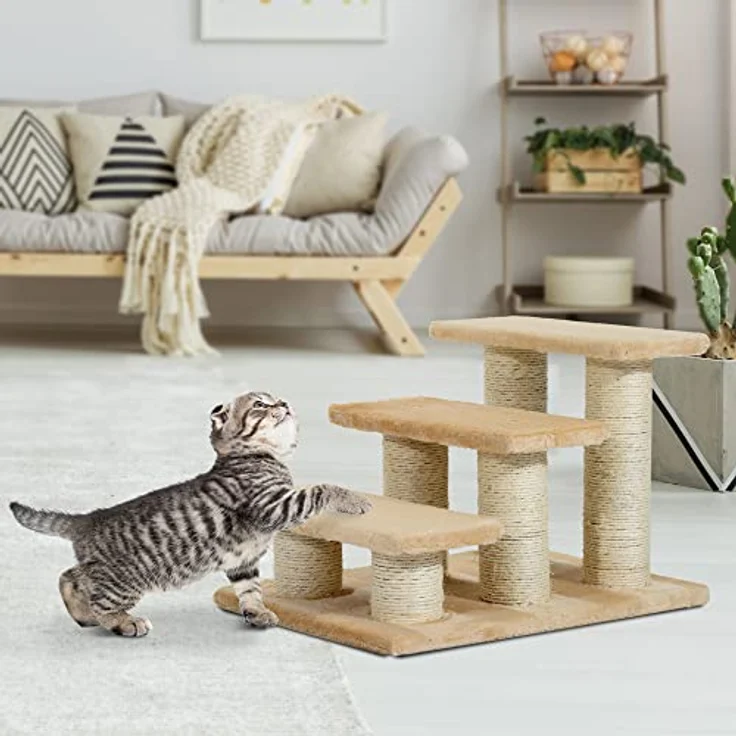 PawHut Tiertreppe Katzentreppe Hundetreppe 3 Stufen Treppe für Katze und Hunde Plüsch Creme 45 x 35 x 34 cm – Bild 2