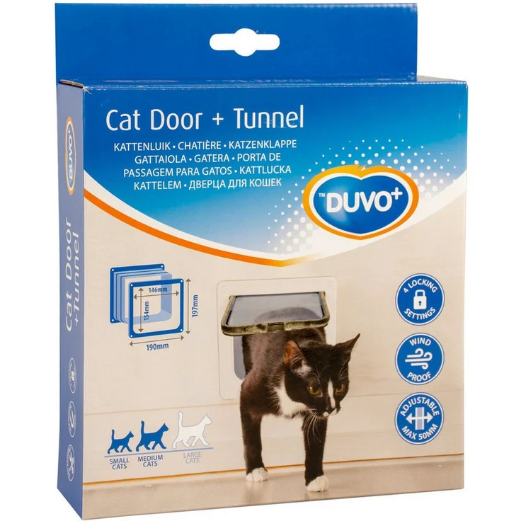 DUVO+ Katzenklappe mit Tunnel, selbstschließend, witterungsbeständig, weiß, 19 x 19,7 cm