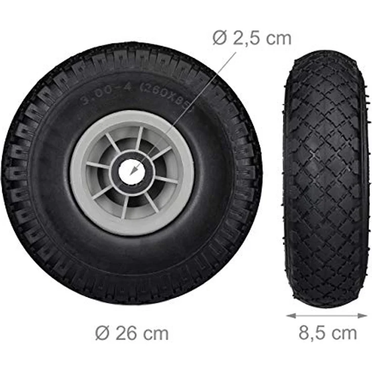 2 x Sackkarrenrad im Set, pannensichere 3.00-4" Vollgummireifen, 25mm Achse, bis 80 kg, 260x85 mm, schwarz-grau – Bild 4